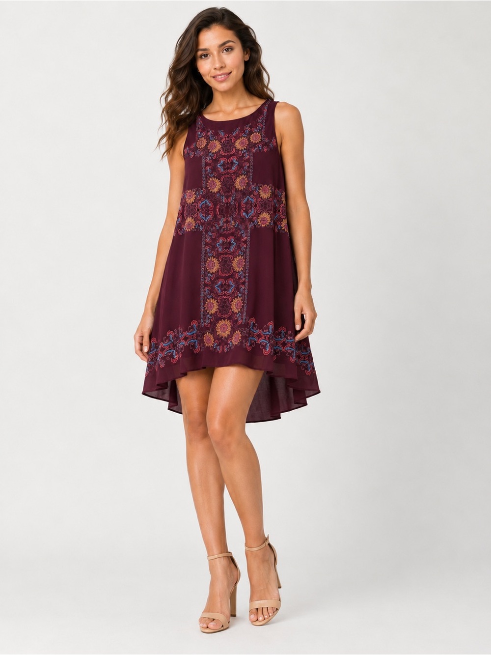Max Studio Sleeveless Embroidered High-Low Dress in Burgundy